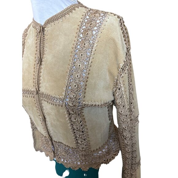Vintage Overland Patchwork Cropped Jacket Women 8 Tan Suede Connected Crochet - Picture 5 of 11